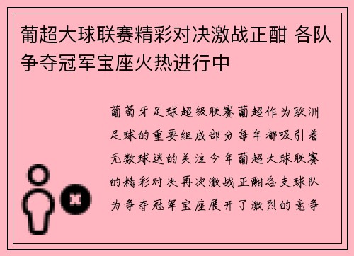 葡超大球联赛精彩对决激战正酣 各队争夺冠军宝座火热进行中