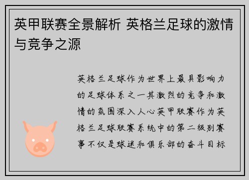 英甲联赛全景解析 英格兰足球的激情与竞争之源