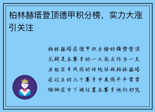 柏林赫塔登顶德甲积分榜，实力大涨引关注
